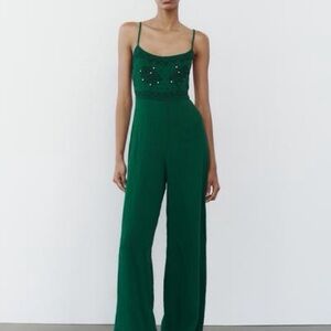 Zara Green Embroidered Mirrored Jumpsuit